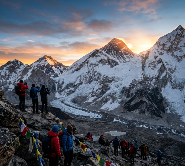 Group of hikers on rocky trail photographing sunrise over snowy mountains