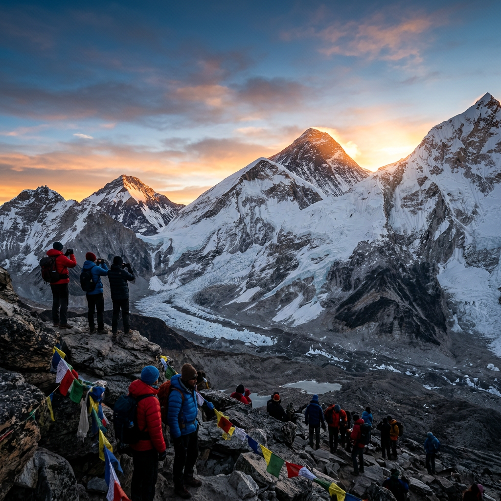 Group of hikers on rocky trail photographing sunrise over snowy mountains