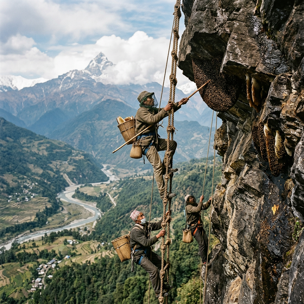Three men climbing a cliff on ropes to gather honey from large honeycombs attached to the rock face